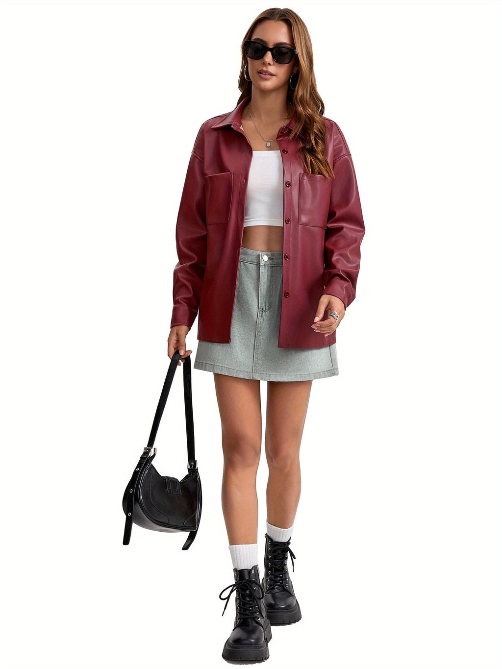 Oversized Faux Leather Shacket with Button Front Collared Fall Jacket