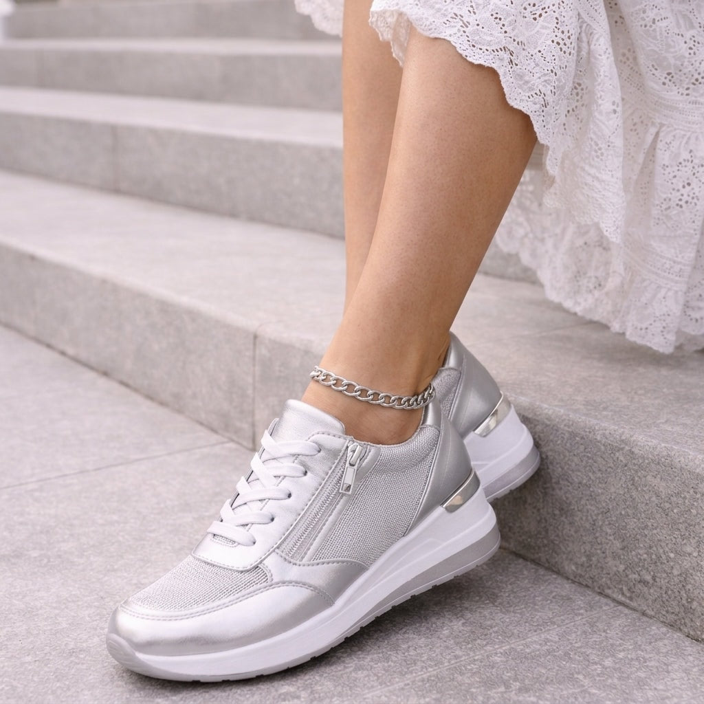 Chloe Women's Leather Platform Lace-Up Sneakers with Cushioned Sole
