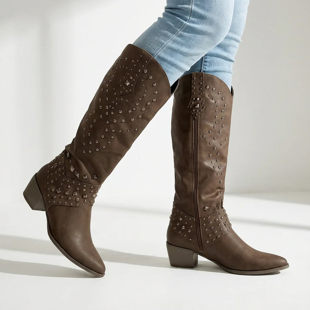 Riloh Studded Pointed-Toe Knee-High Western Womens Boots