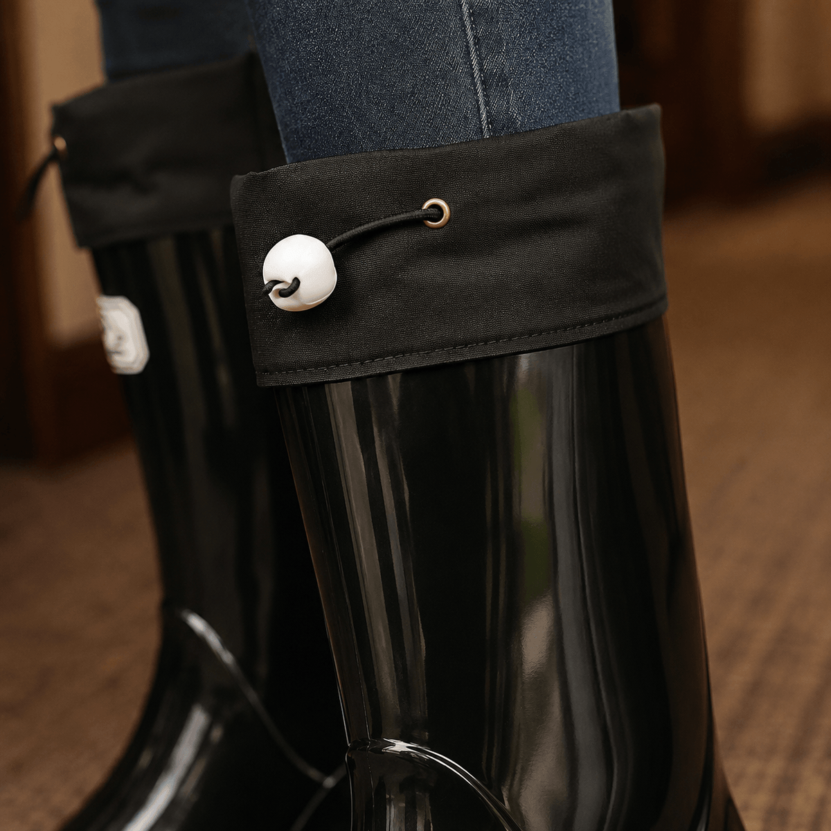 Knee-High Glossy Rubber Rain Boots with Drawstring Cuff
