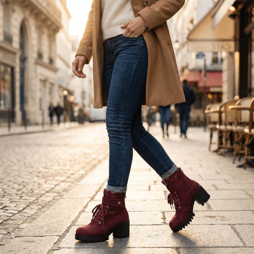 Lacelle Lace-Trim Suede Women's Ankle Boots with Chunky Block Heel