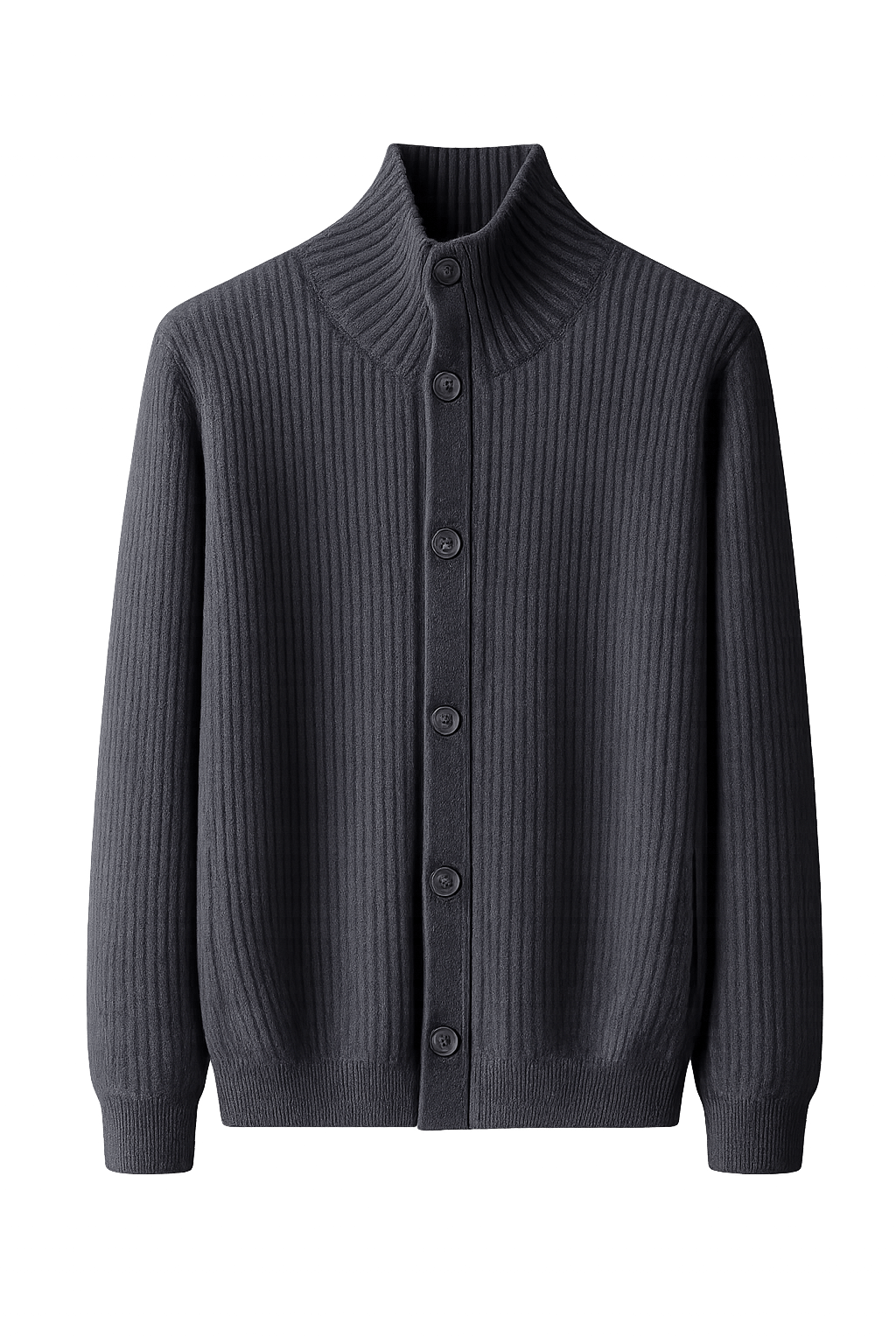 Men's Ribbed Stand-Collar Cardigan in Dense Knit with Button Front and Side Pockets