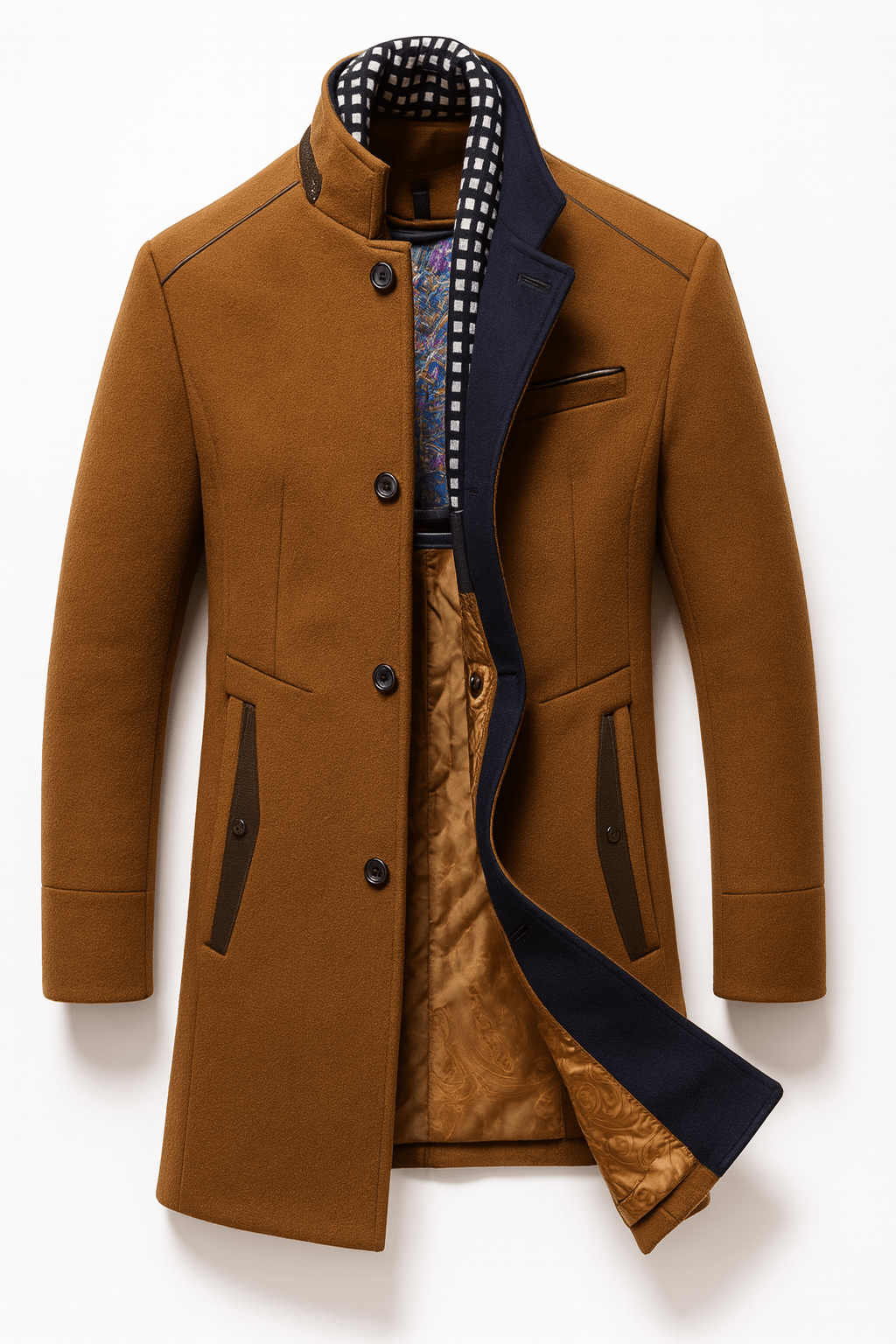 Men's Tailored Wool-Blend Winter Coat with Stand Collar