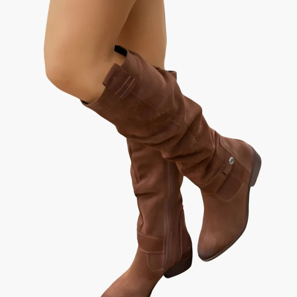 Suede Knee-High Black Boots for Women with Block Heel and Side Zip