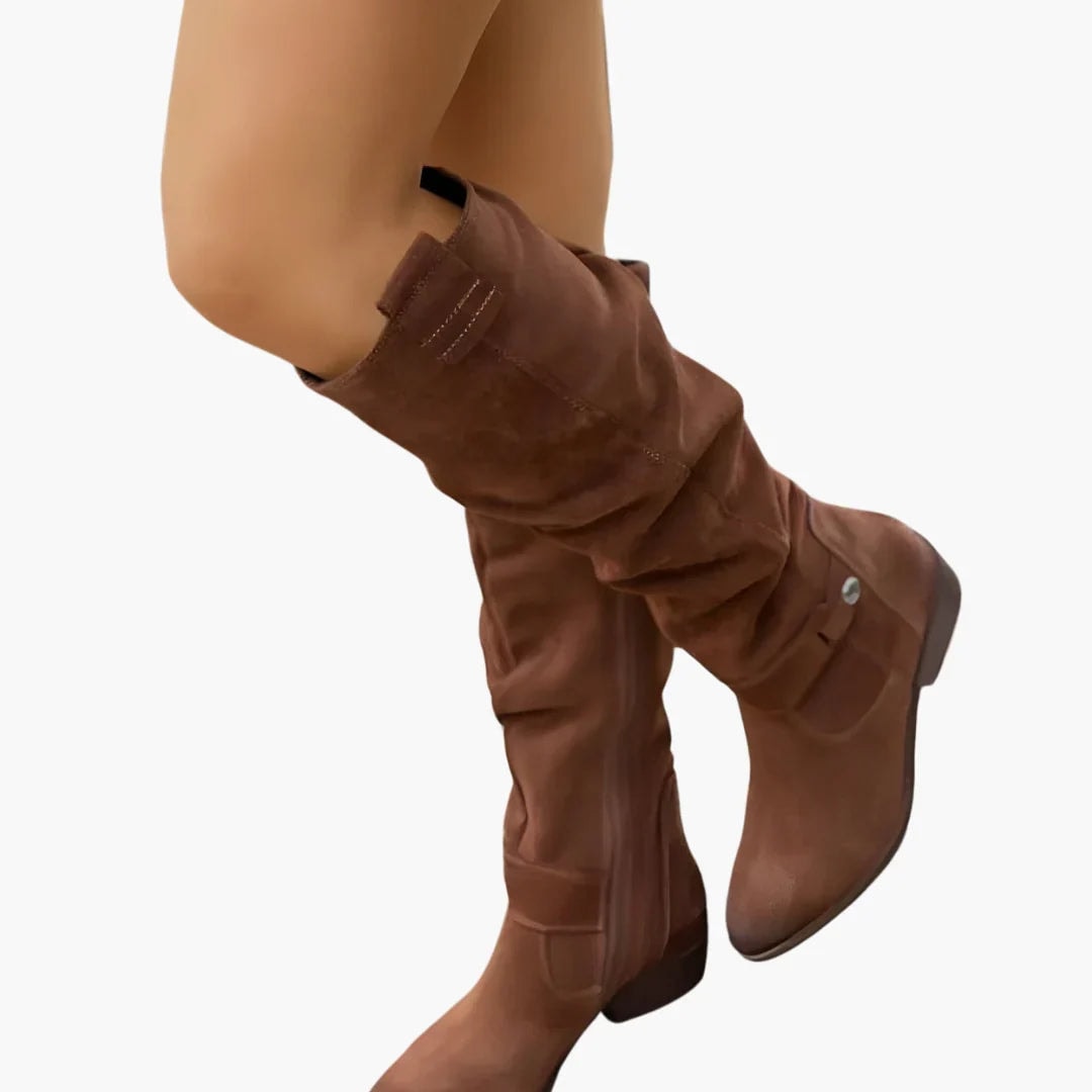 Suede Knee-High Black Boots for Women with Block Heel and Side Zip