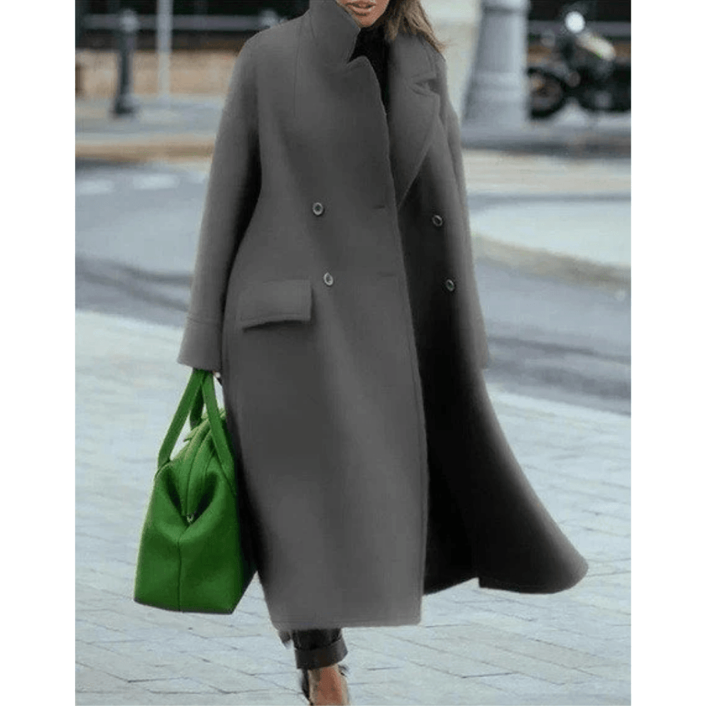 Women's Wool-Blend Double-Breasted Winter Coat with Stand Collar and Maxi Length