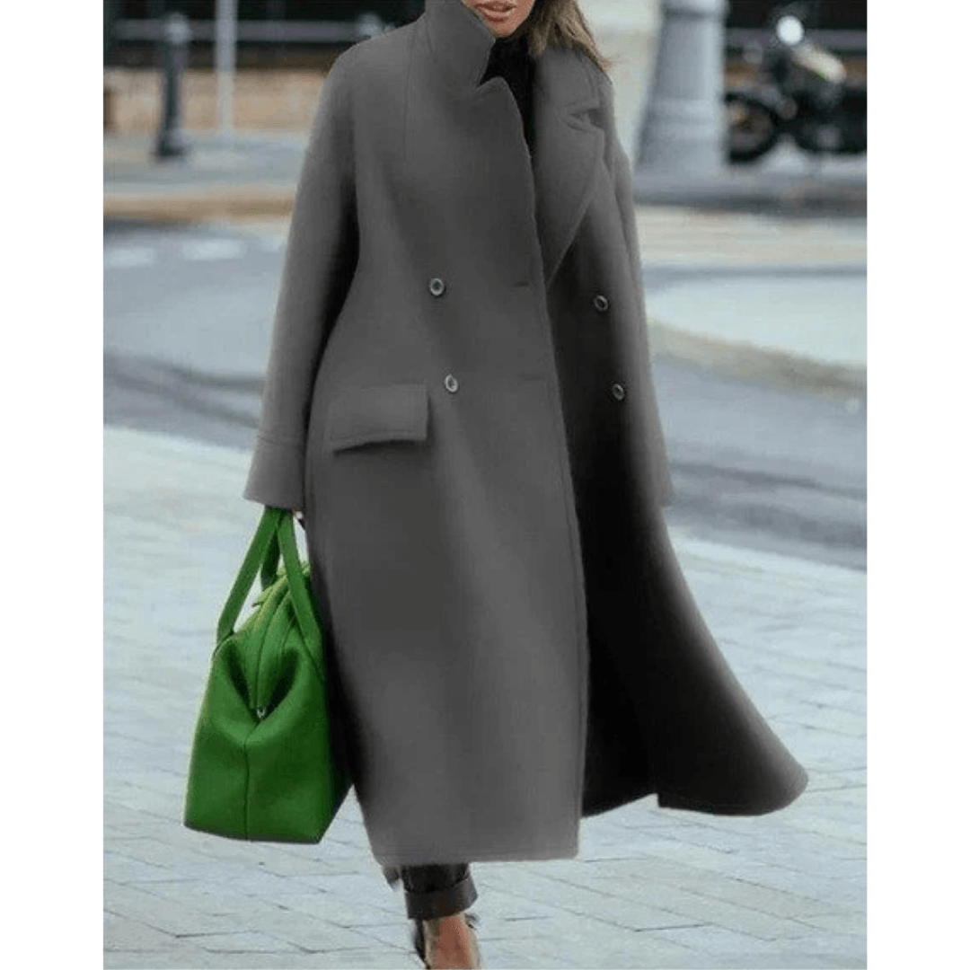 Women's Wool-Blend Double-Breasted Winter Coat with Stand Collar and Maxi Length