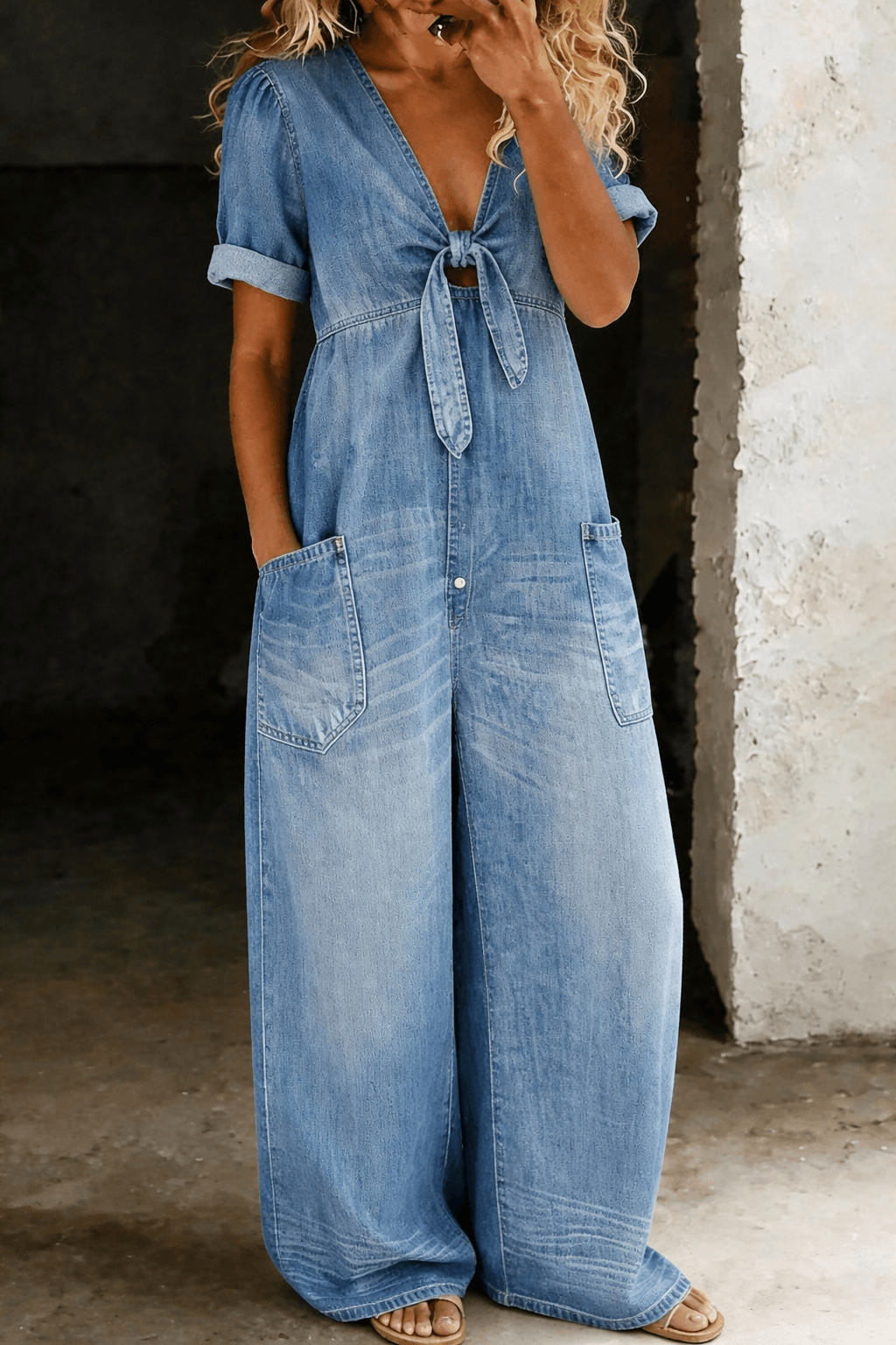 Maya Denim Tie-Front Jumpsuit with Wide Leg and Pockets