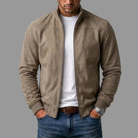 Men's Zip-Up Bomber Jacket in Suede with Stand Collar and Ribbed Hem