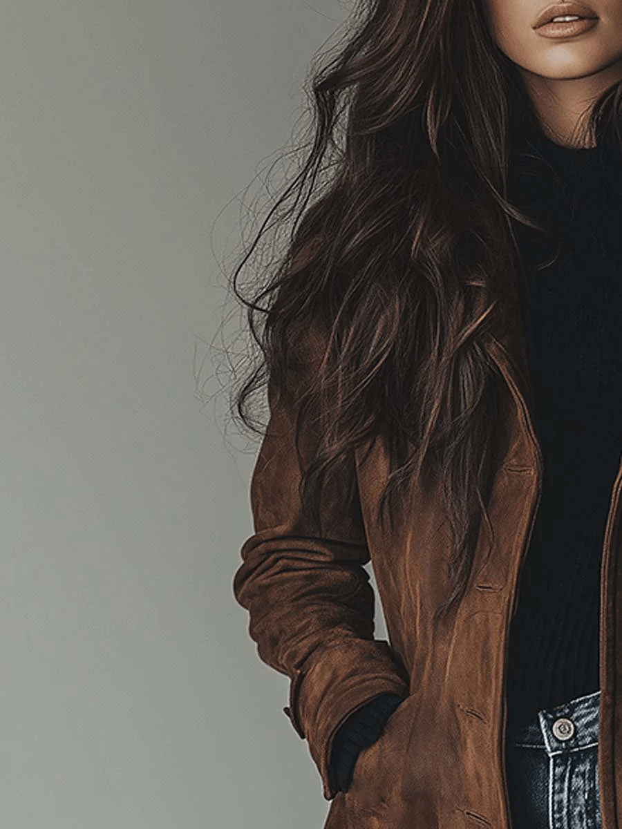 Longline Faux Suede Button-Front Trench Coat with Lapel Collar