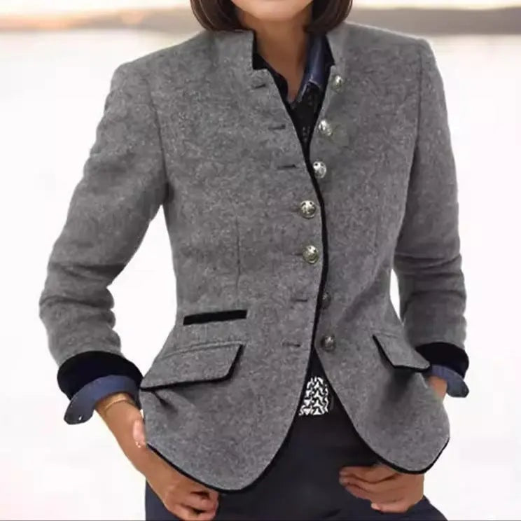 Women's Stand Collar Wool Tailored Blazer with Contrast Trim