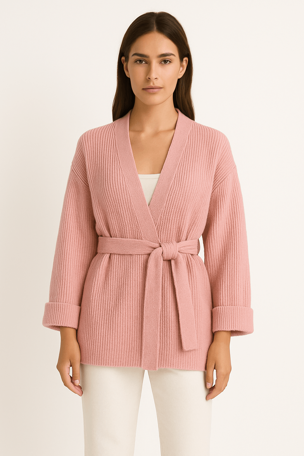 Women's Belted Knit Wrap Cardigan with Cuffed Sleeves and V-Neck