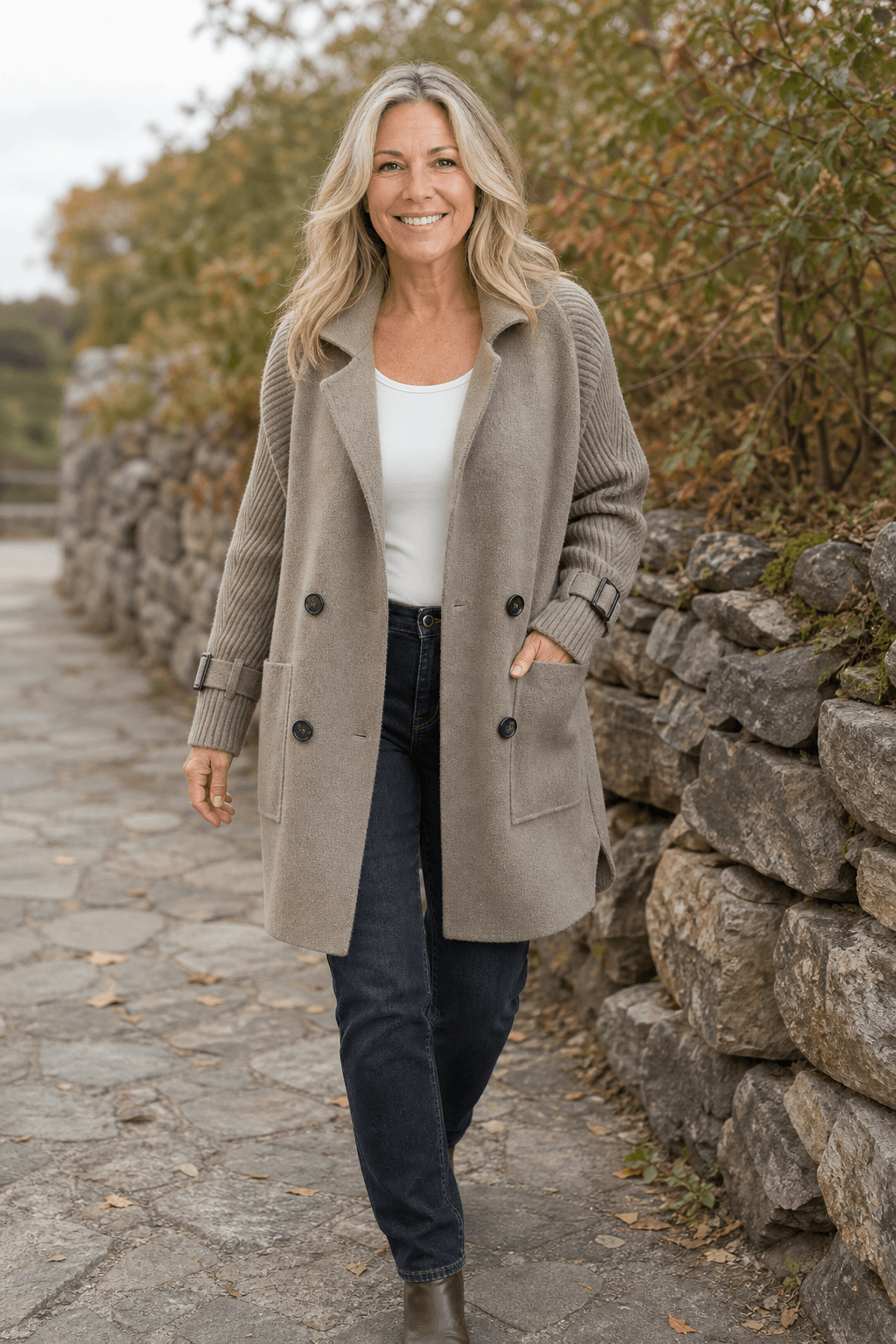 Isola Cable-Knit Sleeve Double-Breasted Longline Winter Coat for Women