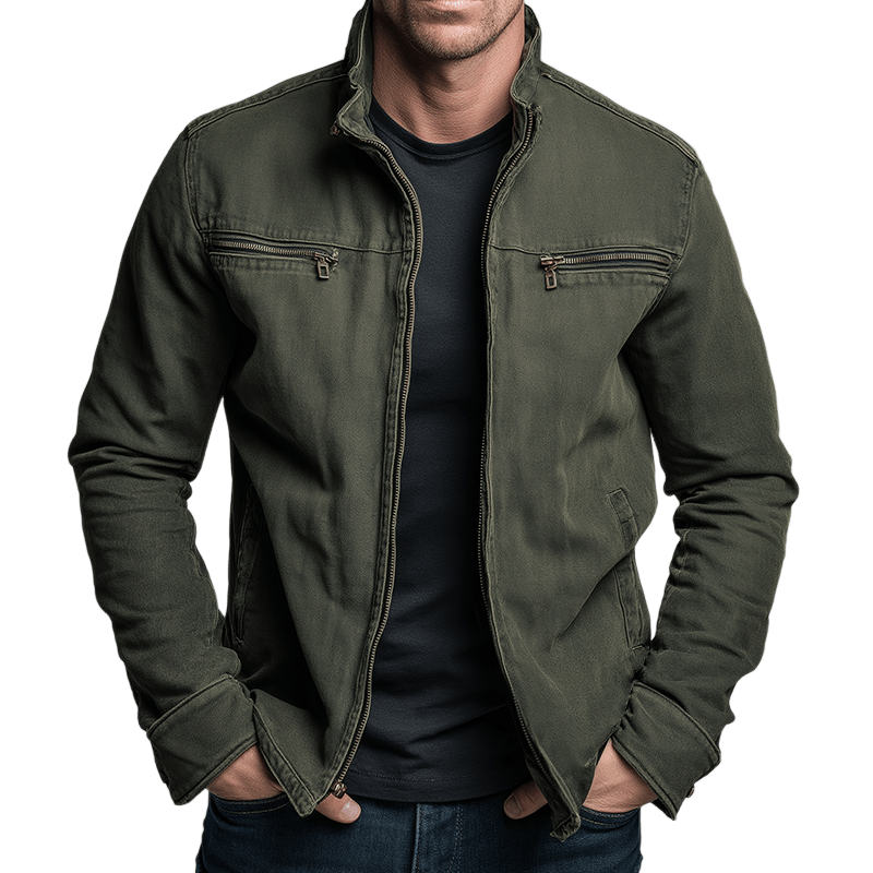 Men's Cotton Zip-Up Jacket with Stand Collar