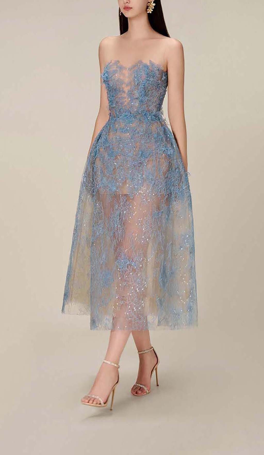 Joelle Floral Lace Embroidery Strapless Midi Homecoming Dresses