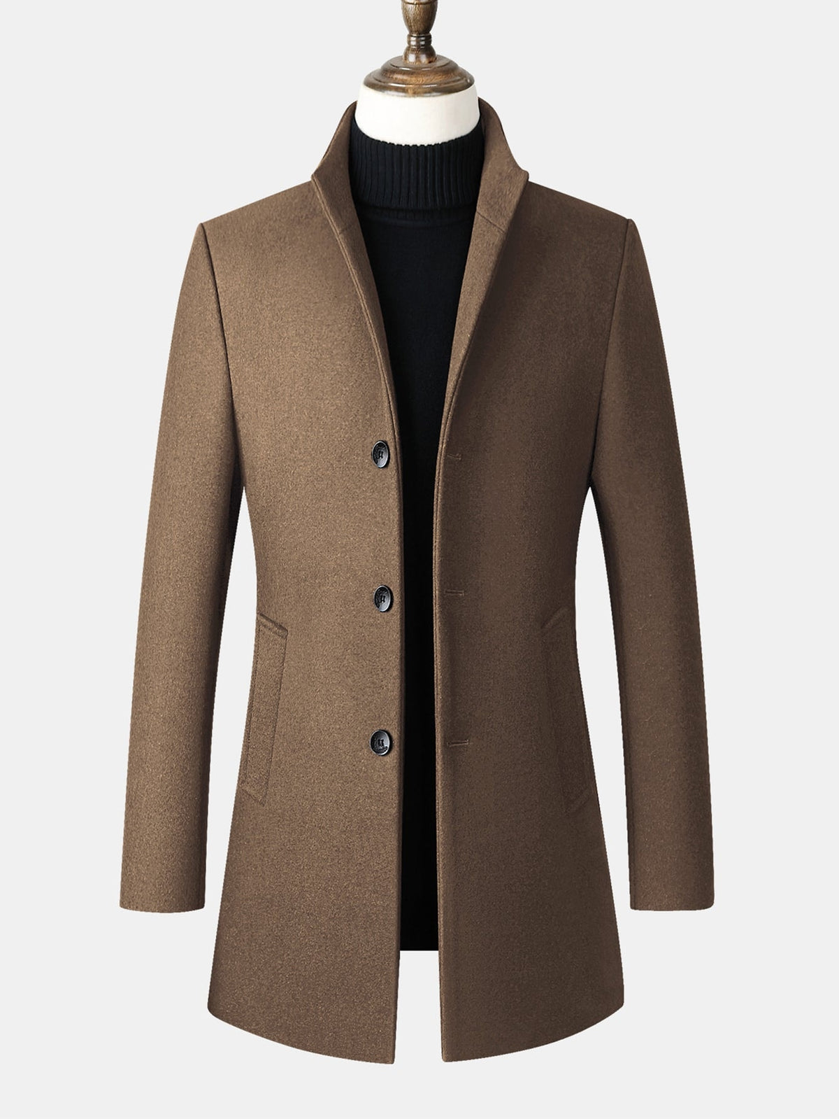 Men's Tailored Long Wool Blend Winter Coat with Stand Collar and Button Front