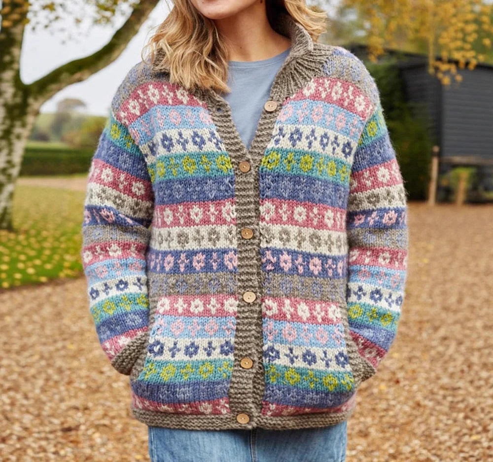 Women's Relaxed Fair Isle Knit Cardigan with Pockets and Chunky Wooden Buttons