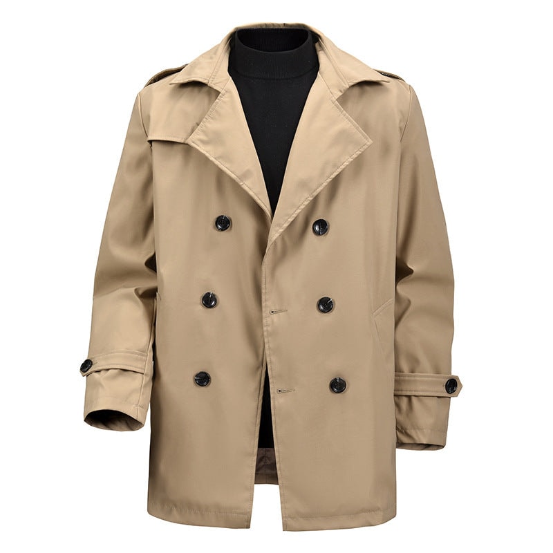 Men's Double-Breasted Short Trench Coat with Wide Lapels and Shoulder Epaulettes