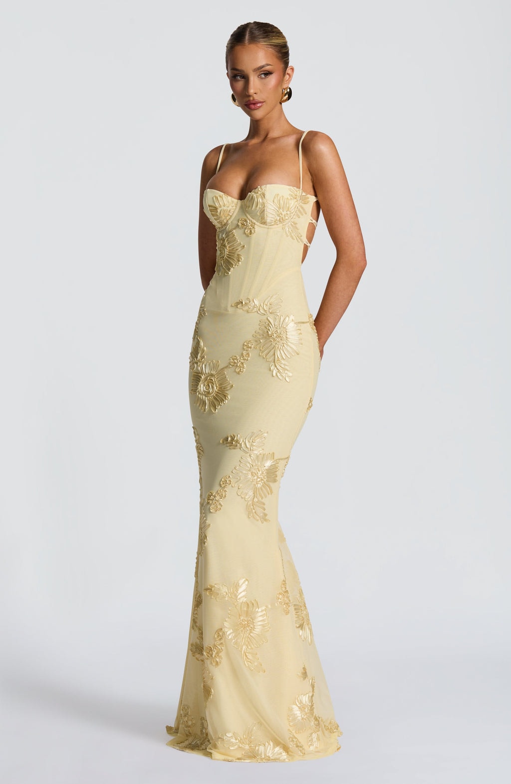 Women's Floral Embroidered Corset Maxi Dress with Spaghetti Straps