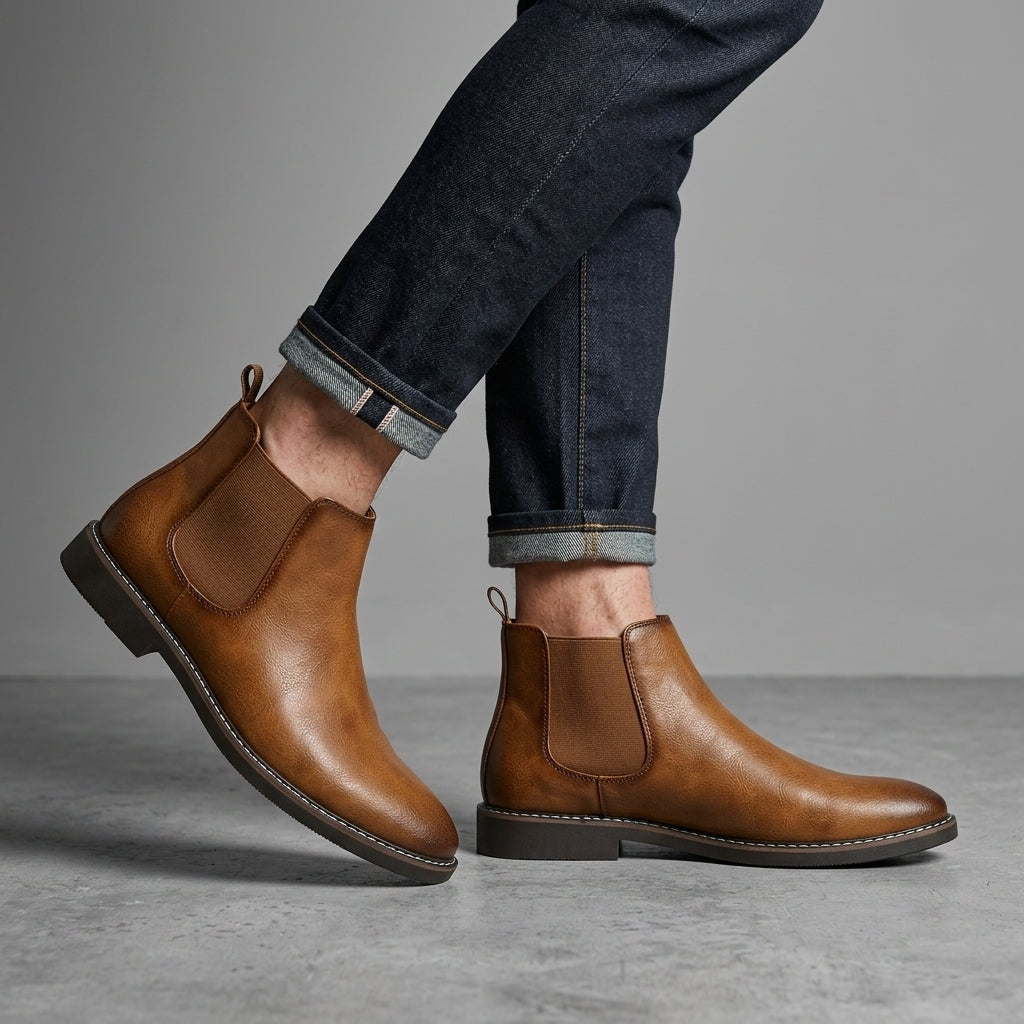 Men's Chelsea Slip-On Ankle Boots with Elastic Side Panels and Welt Stitching