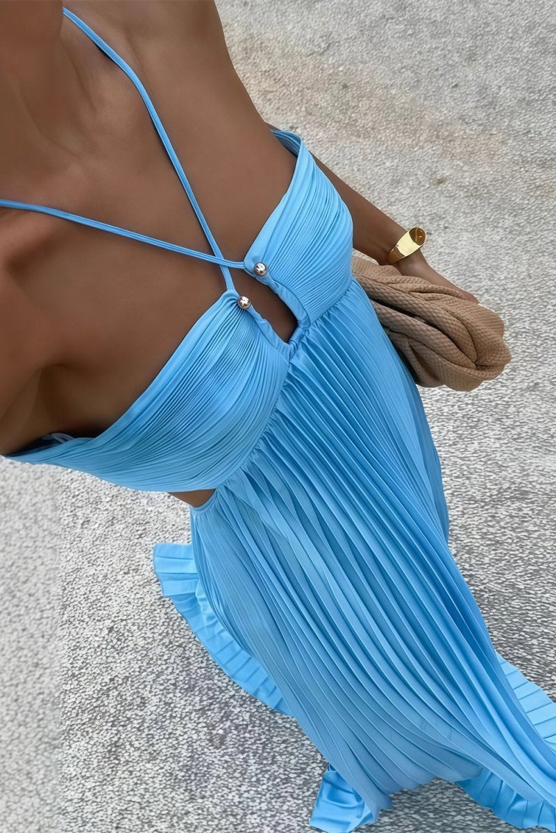 Halter Pleated Satin Maxi Dress for Homecoming Dresses Events