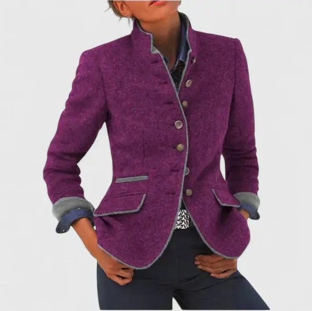 Women's Stand Collar Wool Tailored Blazer with Contrast Trim