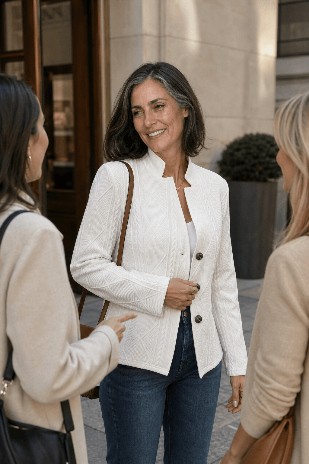 Textured Knit Open-Front Tailored Blazer with Stand Collar for Women