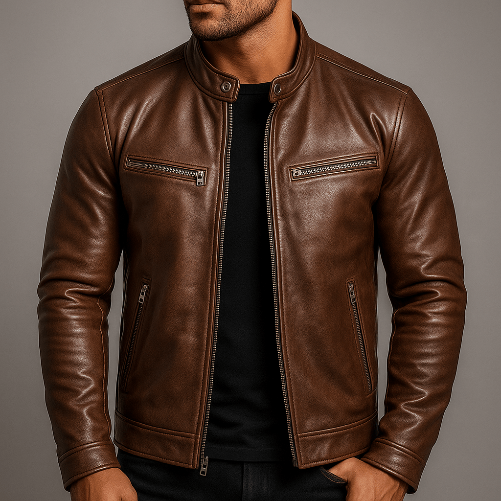 Men's Genuine Leather Moto Jacket with Zip Pockets