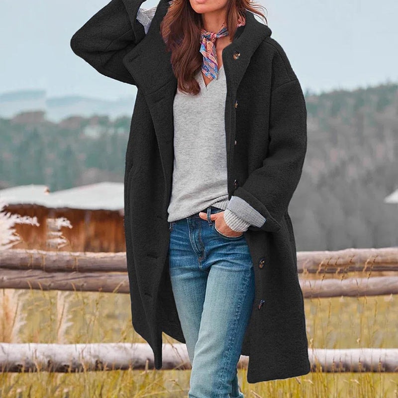 Women's Longline Wool-Blend Button-Front Winter Coat with Hood
