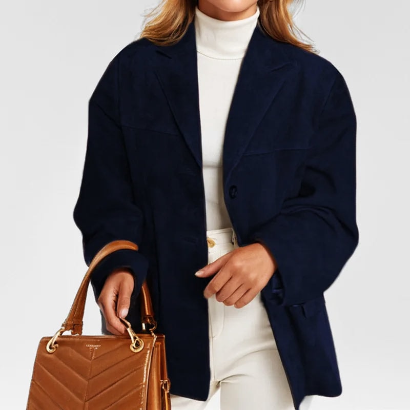 Women's Faux Suede Tailored Blazer with Notched Lapels and Flap Pockets