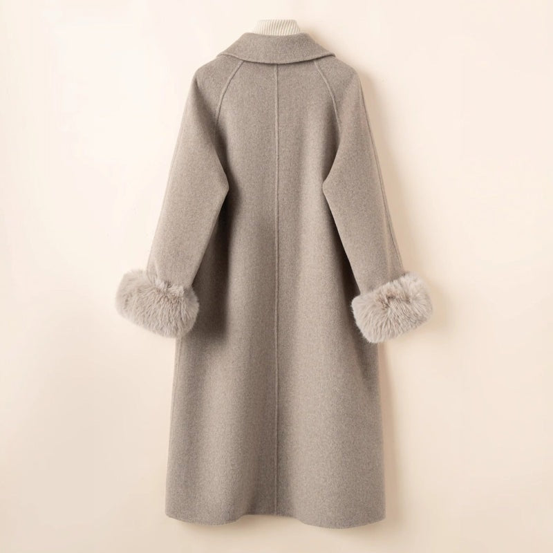 Women's Long Wool Winter Coat with Faux Fur Cuffs and Oversized Collar