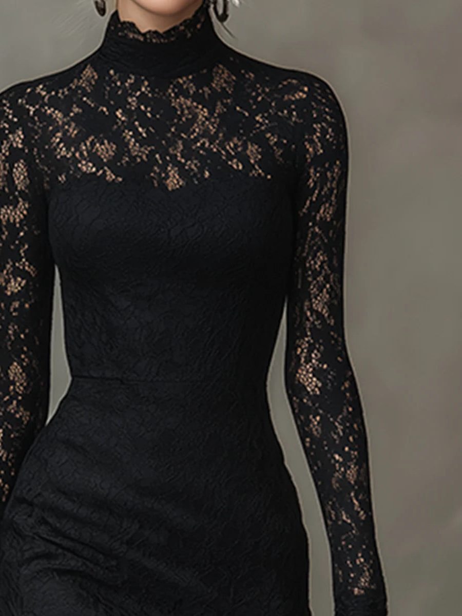 Women's Black Lace Long-Sleeve Maxi Dress with High Neck and Handkerchief Hem
