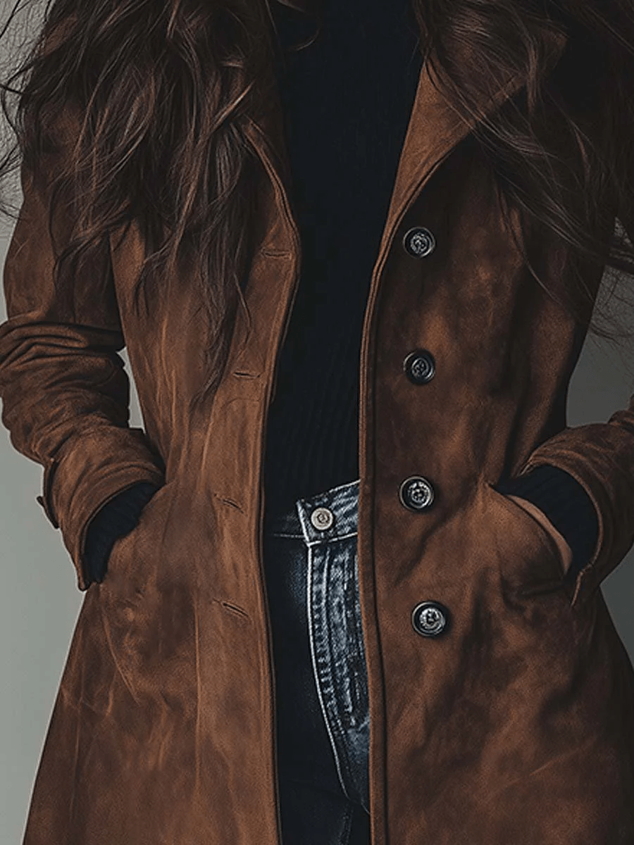 Longline Faux Suede Button-Front Trench Coat with Lapel Collar