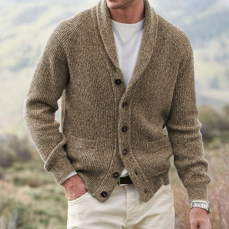 Men's Loose-Fit Ribbed Knit Shawl Collar Cardigan with Button Front and Pockets