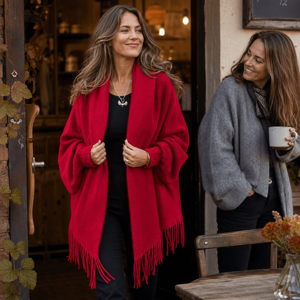 Women's Draped Shawl Collar Open-Front Wool Winter Coat with Fringe Detail