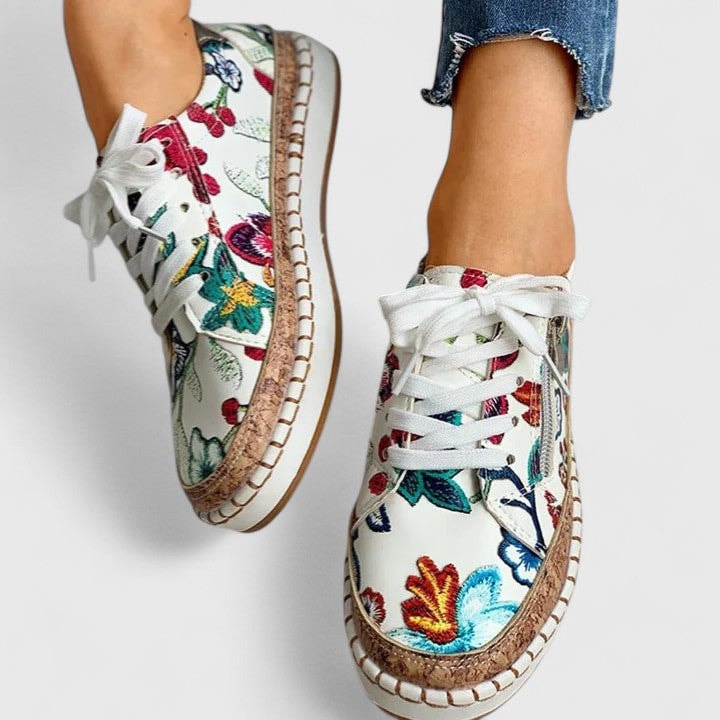 Floral Embroidered Platform Sneakers with Cork Sole for Women