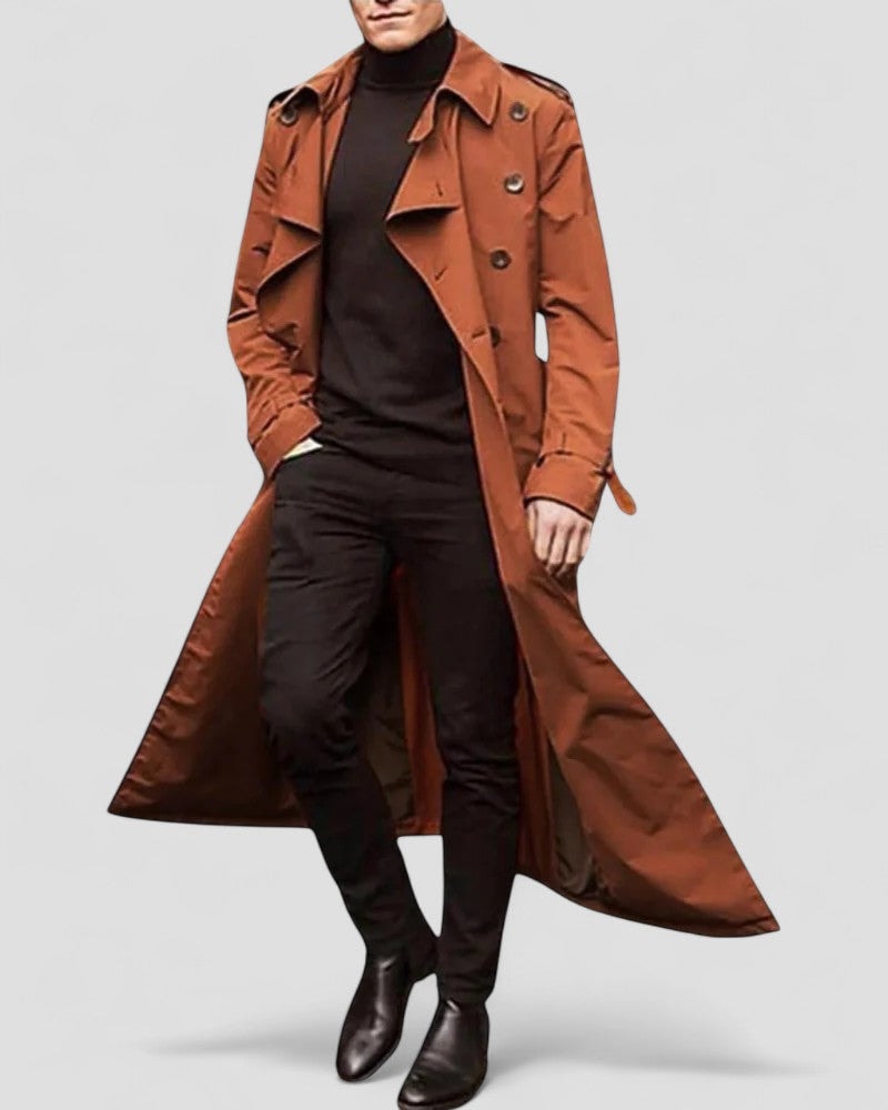 Men's Long Trench Coat with Double-Breasted Front and Water-Repellent Finish