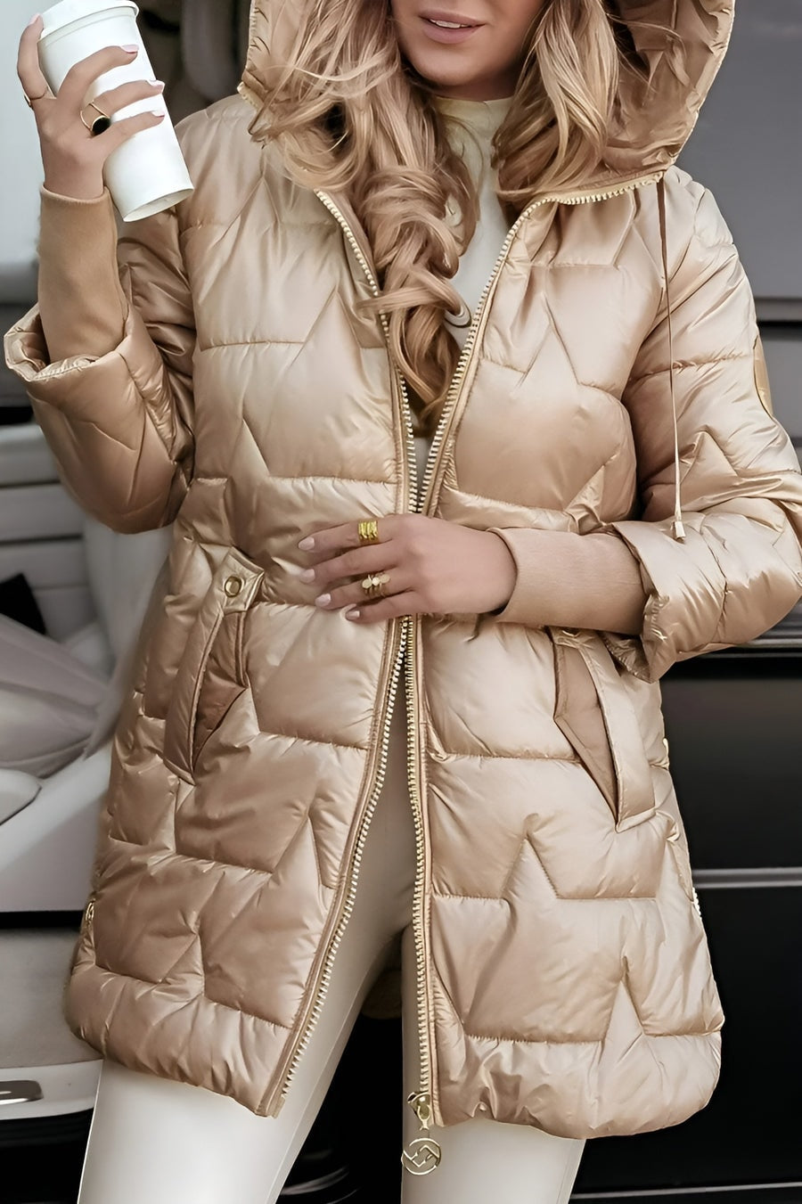 Long Hooded Puffer Jacket with Quilted Shell and Side Zip Vents