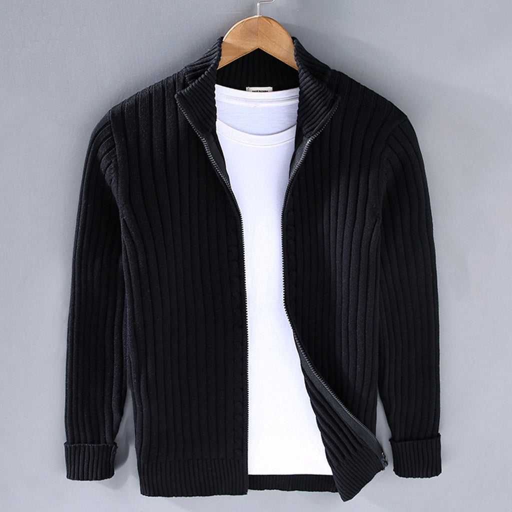 Men's Chunky Ribbed Knit Zip-Up Cardigan with Stand Collar