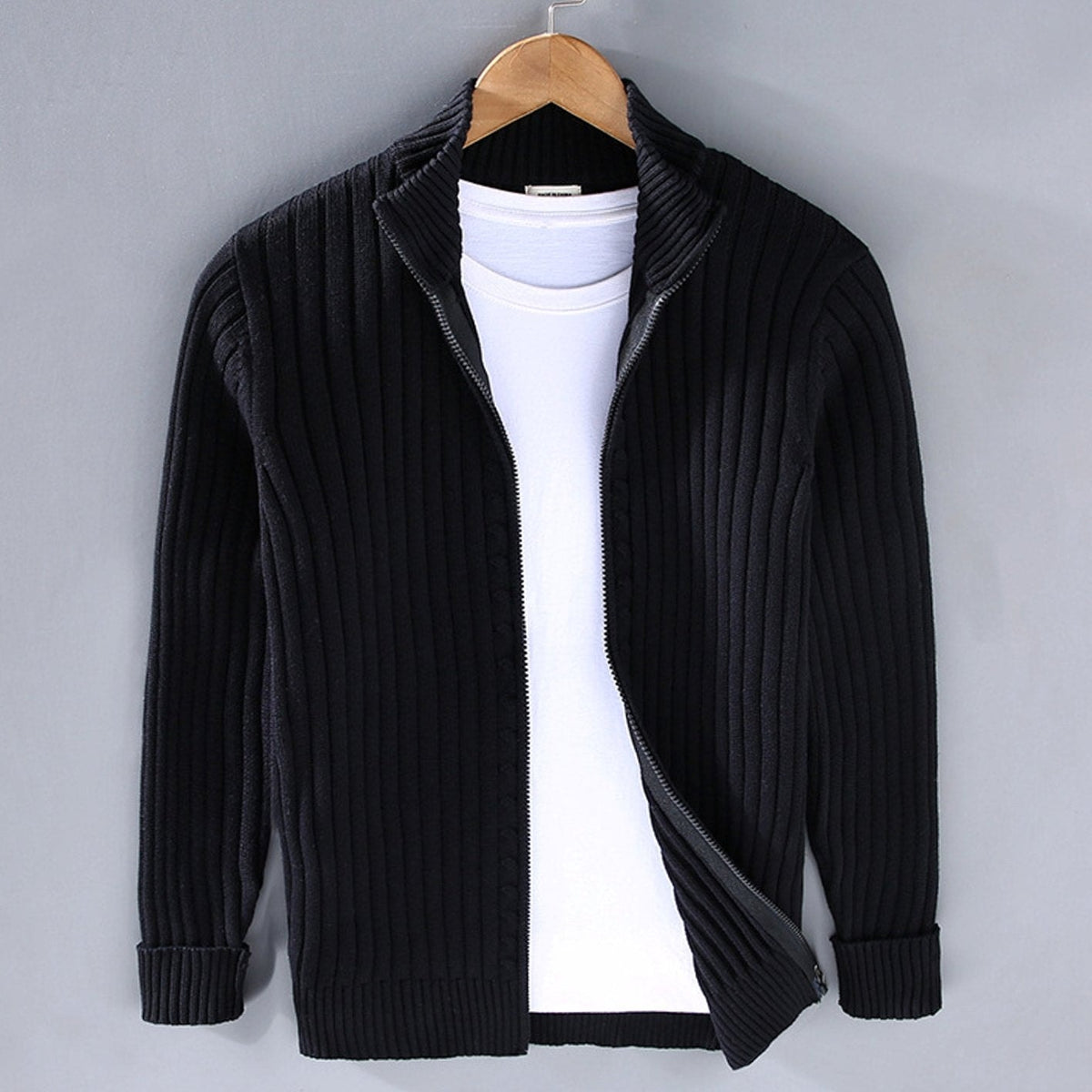 Men's Chunky Ribbed Knit Zip-Up Cardigan with Stand Collar
