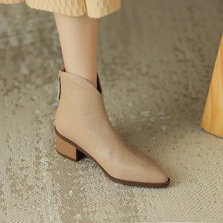 Kensley Pointed-Toe Faux Leather Women's Boots with Block Heel and Side Zip
