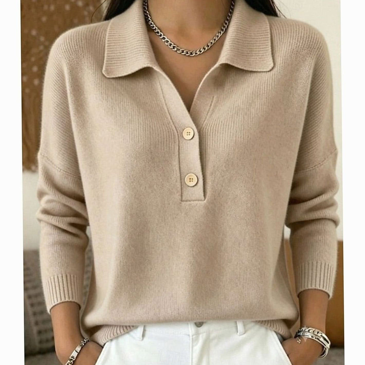 Women's Long Sleeve Collared V-Neck Knit Sweater with Two-Button Placket