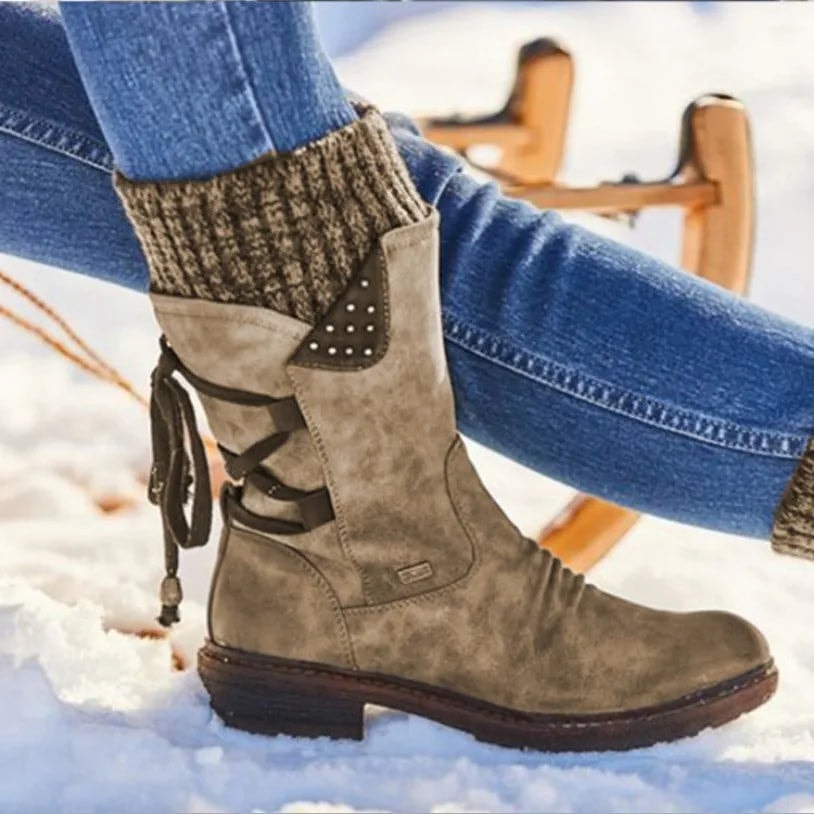 Qing Lace-Up Suede Mid-Calf Women's Boots with Knit Cuff
