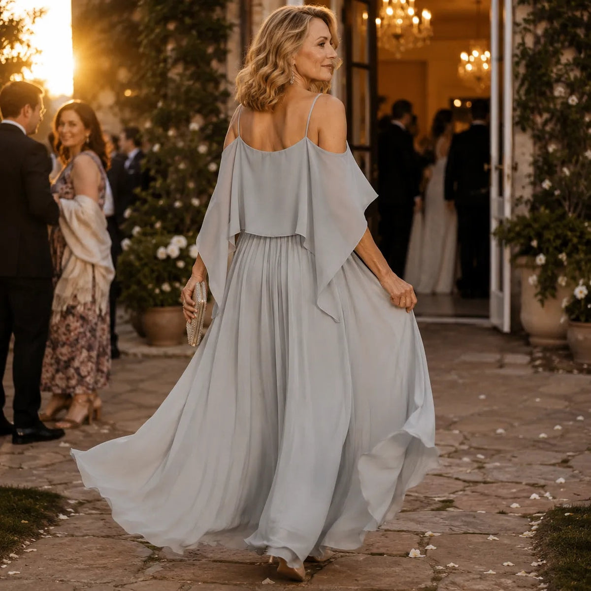 Solavia Cold-Shoulder Chiffon Women's Midi-to-Maxi Dress with Waist Drape
