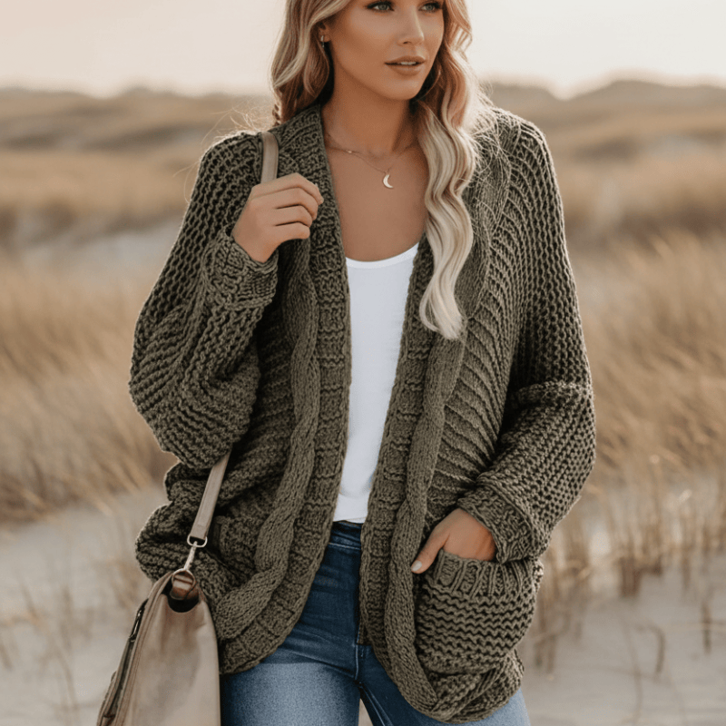 Women's Oversized Open-Front Knitted Sweater Cardigan with Pockets