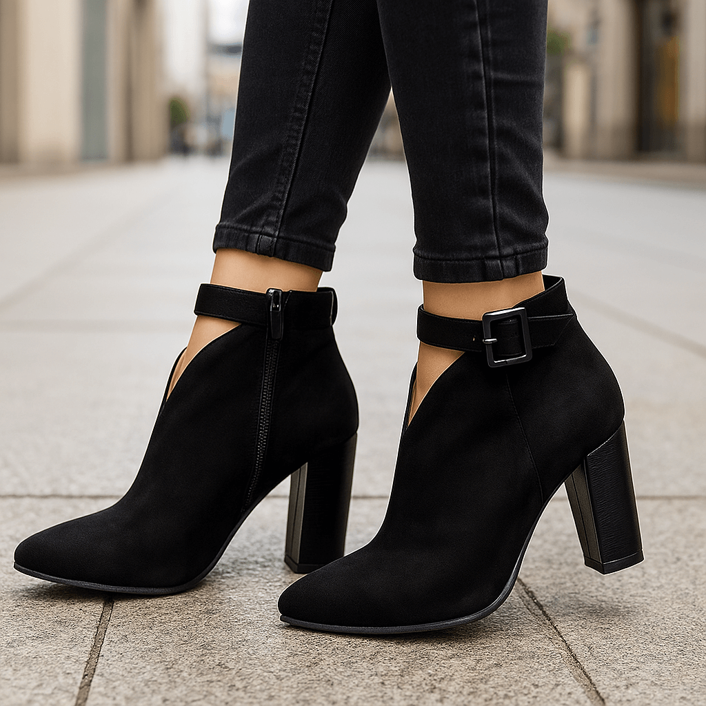 Women's Suede Ankle Boots with V-Cut Front and Buckle Strap Block Heel