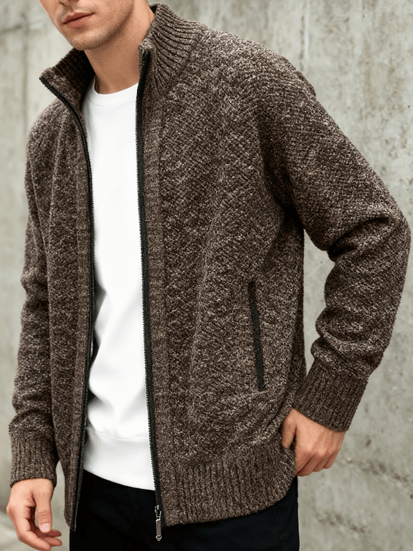 Men's Marled Knit Cardigan with Full-Length Zip and Ribbed Stand-Up Collar