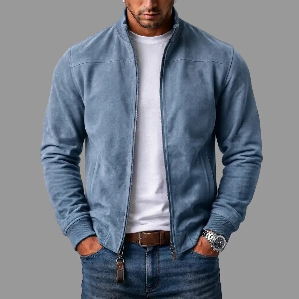 Men's Zip-Up Bomber Jacket in Suede with Stand Collar and Ribbed Hem