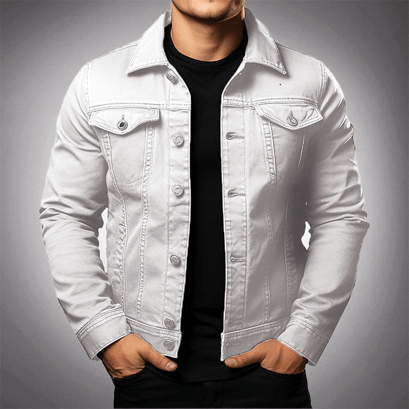 Men's Button-Front Denim Trucker Jacket with Shirt Collar and Chest Flap Pockets