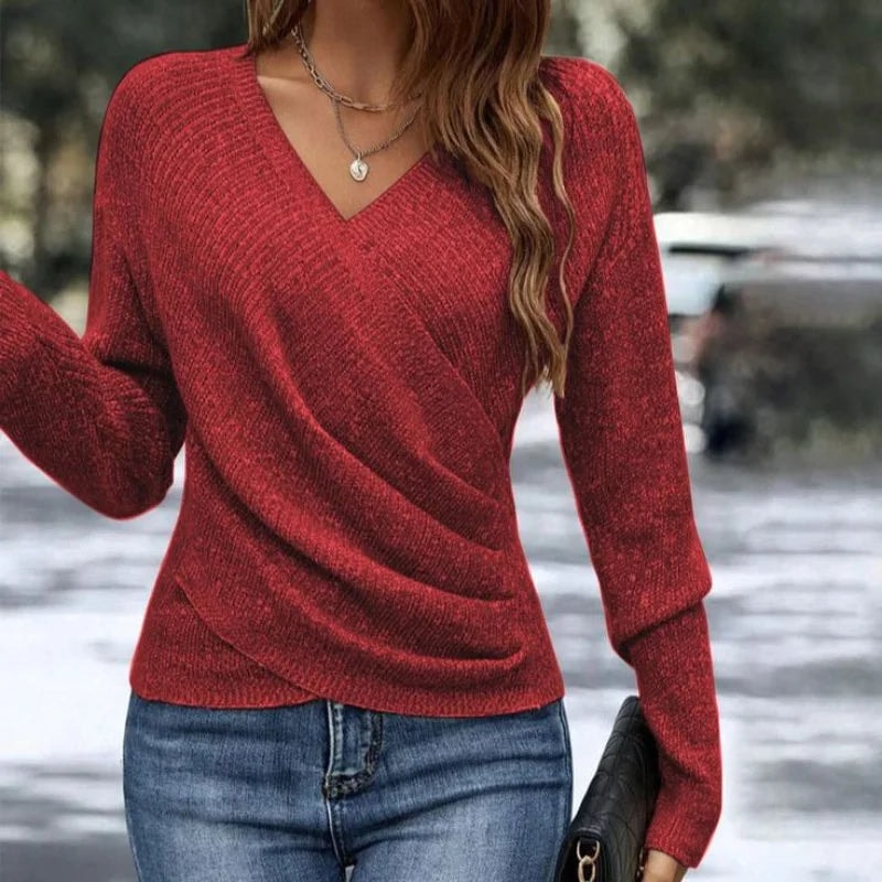 Women's Ribbed Knit Wrap Sweater with Deep V-Neck and Long Sleeves